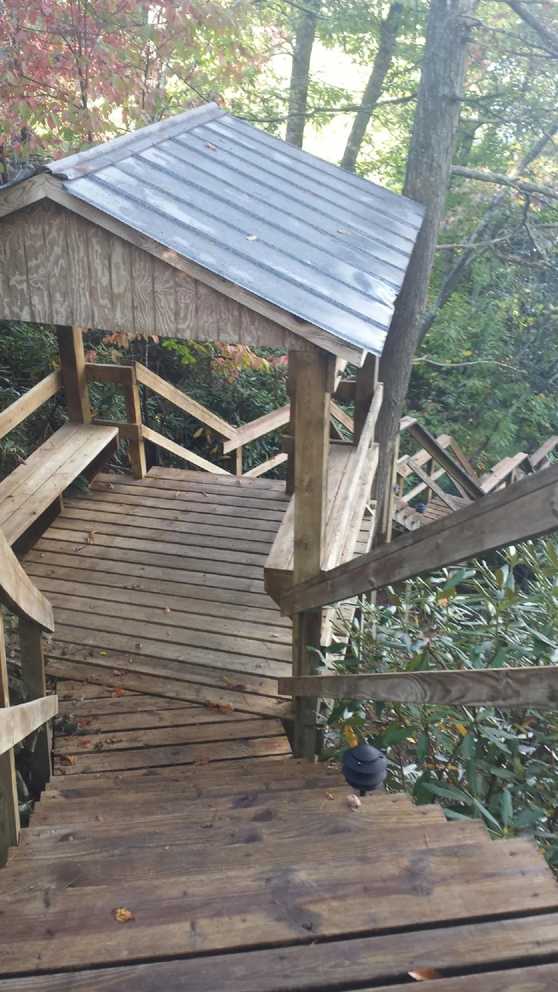 Metal roofed shelter over wooden steps on a wooded walkway — Skylight Repair & Installation work by our crew in Colman
